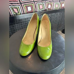 Lime, green, Kate Spade patent leather round, toe, chunky heels